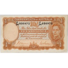 AUSTRALIA 1939 . TEN 10 SHILLINGS BANKNOTE . SHEEHAN/MacFARLANE . LAST PREFIX F24